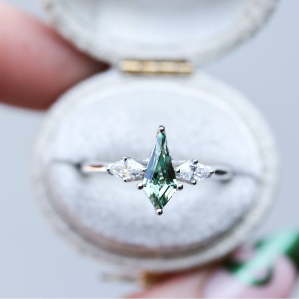Shield Green Lab Sapphire 3 stone with lab diamond side stones. Size 8.